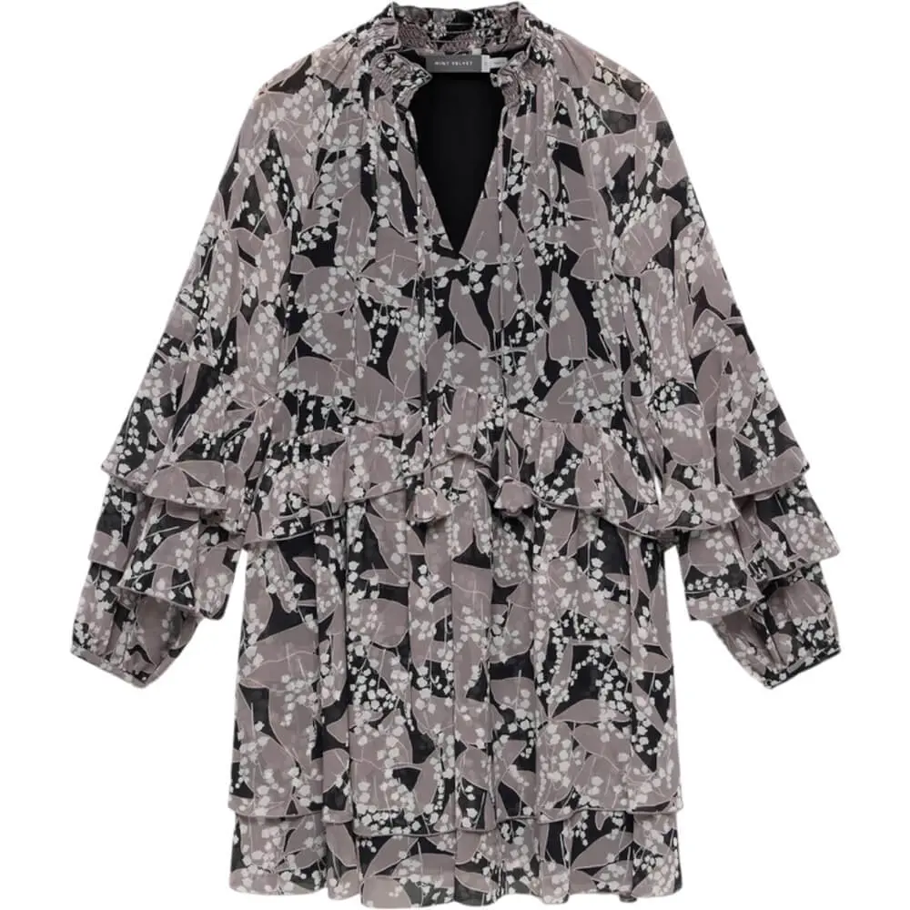 Mint Velvet Grey Floral Print Ruffle Mini Dress